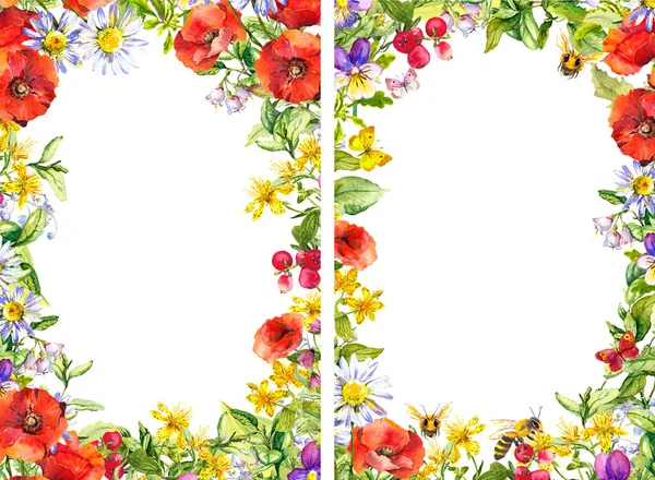 Dos folletos florales 4x6. Tarjeta decorativa con flores de verano, hierba del prado. Marco de acuarela, en blanco —  Fotos de Stock