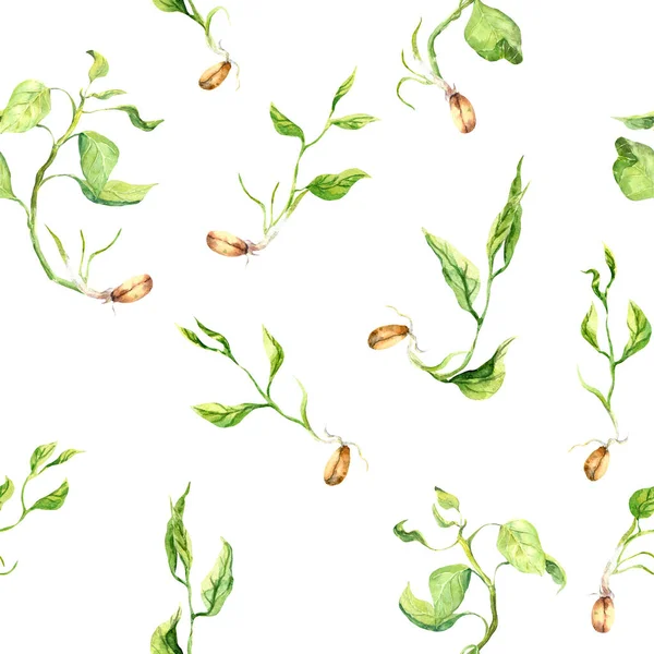 Green sprouts with leaves, seeds with sprig. Seamless natural pattern. Spring watercolor — Stock Photo, Image