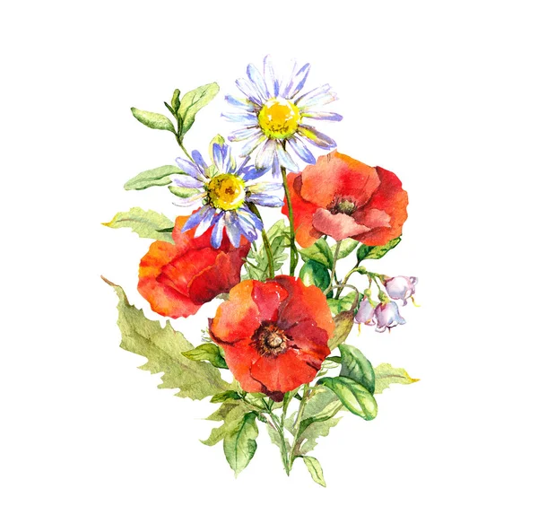 Bukiet kwiatowy - maki, rumianek dzikie kwiaty. Akwarela do plakatu, t-shirt, projekt naklejki — Zdjęcie stockowe