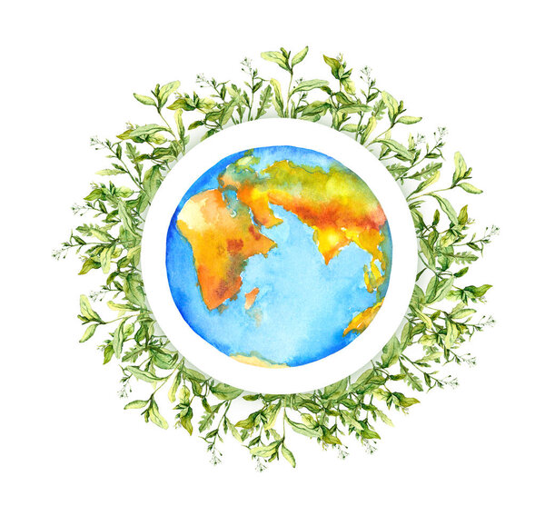 World globe and green grass, saplings, leaves. Watercolor for Environment day, Earth day