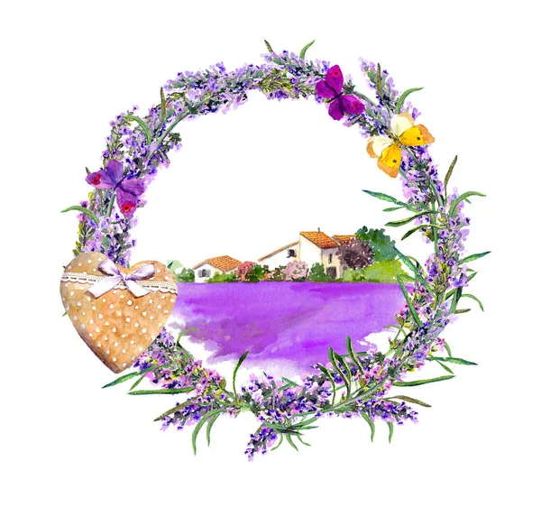 Lavendelblütenkranz, Bauernhof mit rustikalem Haus und violettem Blumenfeld in der Provence, Frankreich. Aquarell mit Schmetterlingen — Stockfoto