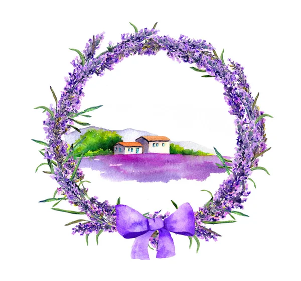 Campo de flores de lavanda en corona floral, casa de campo, prado violeta. Acuarela —  Fotos de Stock