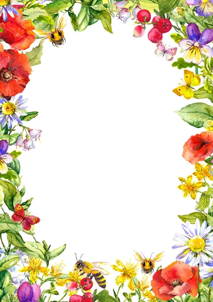 Veldbloemen, natuurlijk gras, vlinders. Kleurrijke bloemenkaart, blanco. Waterverf zomer frame met wilde klaprozen, groene bladeren, kamille — Stockfoto