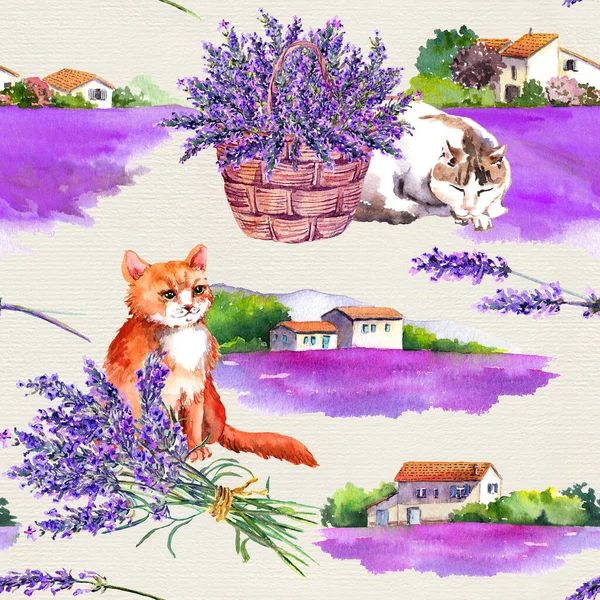 Şirin kediler, lavanta buketleri. Yaz çiçekleri, köy evleri ve kelebekler kusursuz desenler. Klasik sepet, çiçek demeti. Suluboya tekrarlanan arkaplan — Stok fotoğraf