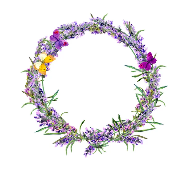 Lavendel blommor krans. Akvarell blommig rund gräns — Stockfoto