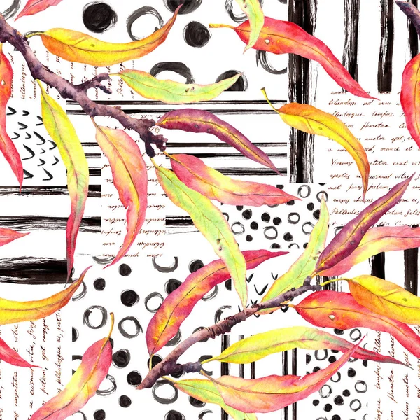 노란 나뭇잎과 손으로 그린 기하학적 배경. 매끄럽지 않은 패턴. 추상적 인 요소, 손으로 쓴 글, 질감. 창조적 인 선, 줄무늬,원, 음의 조합. 수채 색 — 스톡 사진