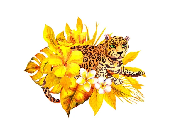 Cheetah animal, selva flores exóticas plumeria, hibisco, folhas de palma. Zoológico, aquarela da vida selvagem — Fotografia de Stock