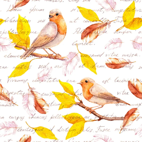 노란 잎과 깃털이 달린 가을 가지의 새들. 손으로 쓴 편지로 배경을 거듭 하는 것 - 여러 언어로 된 단어들을 사랑 한다. 수채 색 — 스톡 사진