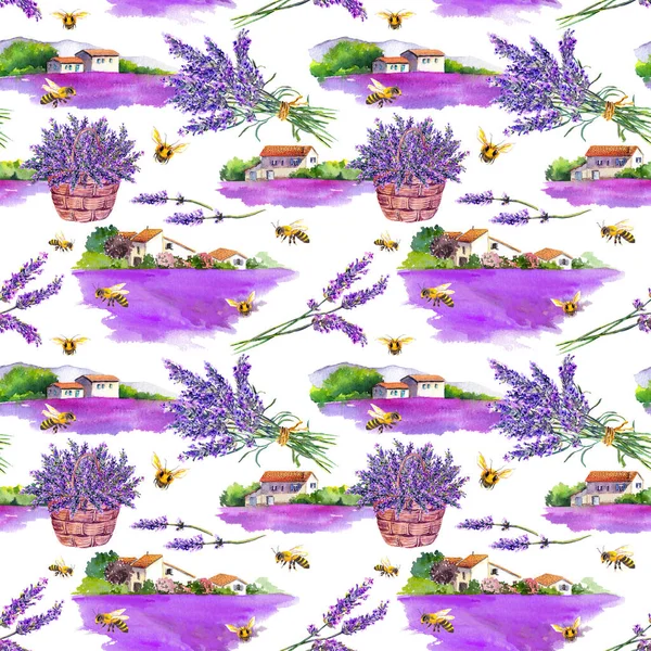 Blommor av lavendel, fält, vintage provencalhus, blomsterkorg, honungsbin insekter. Akvarell — Stockfoto