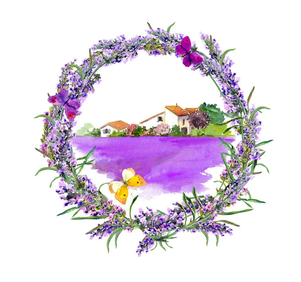 Lawenda kwiaty wieniec, gospodarstwo rolne z rustykalnym domu i fioletowe pole kwiatowe w Prowansji, Francja. Akwarela z motylami — Zdjęcie stockowe