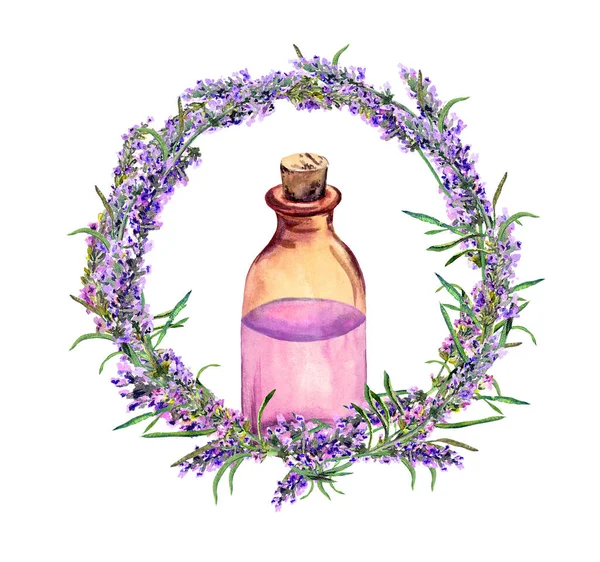 Óleo de lavanda - garrafa de perfume em flores de lavanda grinalda. Aquarela para cosméticos, design de perfume — Fotografia de Stock