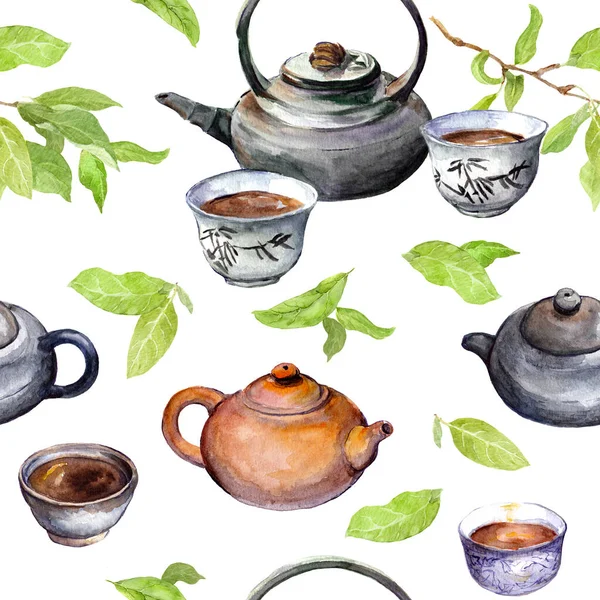 Patrón de té con tetera asiática, tazas, hojas verdes. Acuarela. Fondo sin costuras con cerámica oriental china y rama de hojas — Foto de Stock
