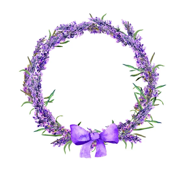 Bunga Lavender karangan bunga dengan busur. Lingkaran bunga warna air — Stok Foto