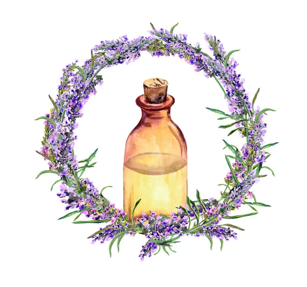 Óleo de lavanda - garrafa de perfume em flores de lavanda grinalda. Aquarela para design de medicina — Fotografia de Stock