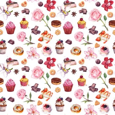 Tatlılar, elle çizilmiş suluboya desenler. Kova orkidesi, gül ve şakayık arkaplan. Lezzetli tatlılar, pastalar, pastalar, çikolatalar.