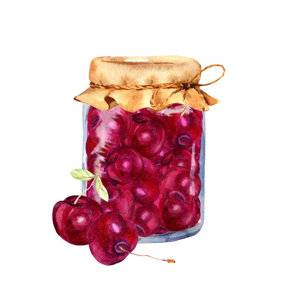樱桃果酱与浆果在玻璃罐与纸覆盖。水彩画 — 图库照片