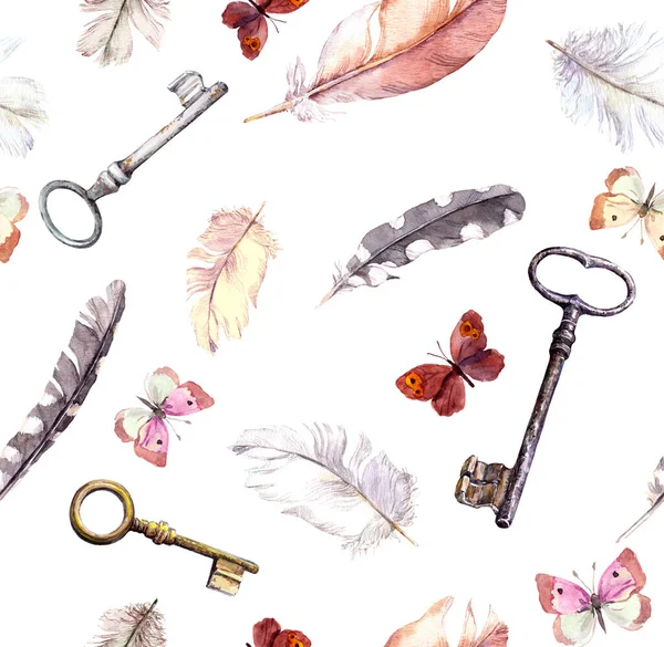 Butterflies, feathers, keys. Watercolour repeated background. Vintage boho illustration — Stock Photo, Image