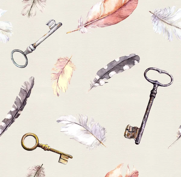 Feathers, keys on paper texture pattern. Watercolor seamless pattern — Stock Photo, Image