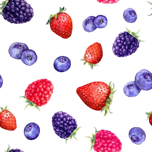 Mix of berries raspberry, strawberry, blackberry, blueberry . Seamless pattern in playful summer style. Watercolor with fruits — Stock Photo, Image