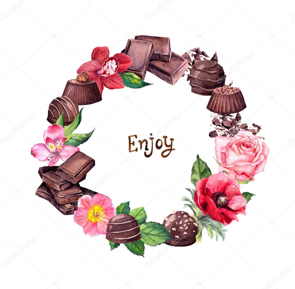 Chocolate - blocks, candies, flower. Food and flowers wreath with lettering text Enjoy . Watercolor
