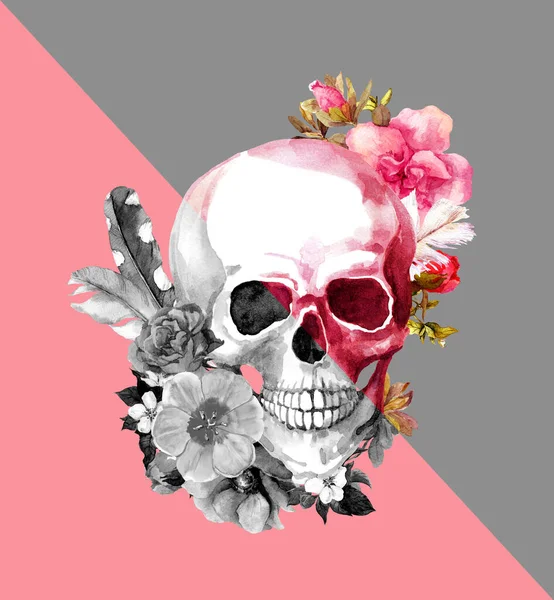 Rosafarbener und grauer Totenkopf mit Blumen. Modeillustration, dynamische Kanten — Stockfoto