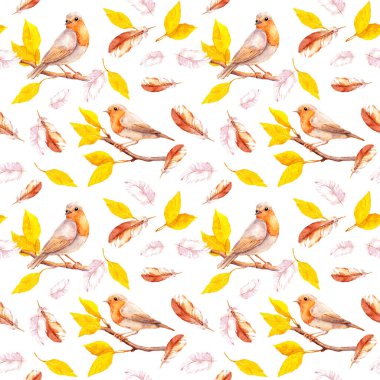 Sarı yapraklar sonbahar dallarında, kuşlarla, dökülen tüylerle. Arka plan tekrarlanıyor. Suluboya