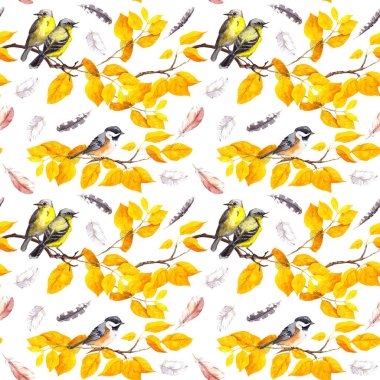 Sonbahar dallarında sarı yapraklı kuşlar, dökülen tüyler. Dekoratif, pürüzsüz desen. Su rengi