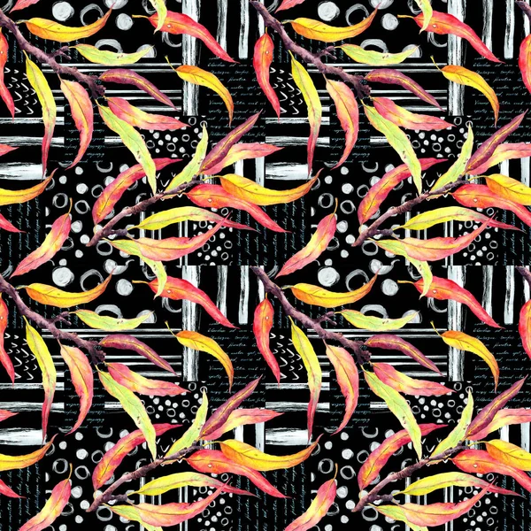 Abstract leaves on black background with stripes, text. Seamless pattern with ink artistic lines, dots, circles, hand written notes, watercolor