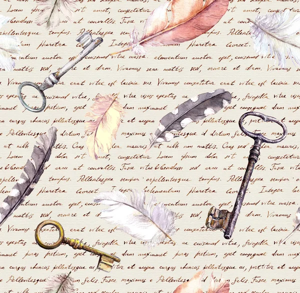 Feathers, keys pattern, paper texture with hand written text notes. Watercolour vintage seamlesss background — Stock Photo, Image