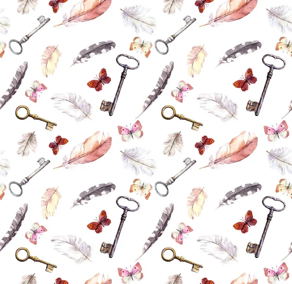 Mariposas, plumas, llaves. Acuarela de fondo repetido. Ilustración boho vintage — Foto de Stock