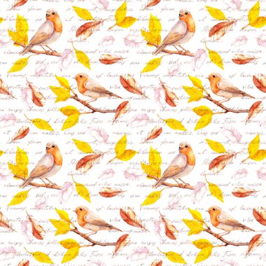 Sonbahar dalında sarı yapraklı kuşlar, dökülen tüyler. Elle yazılmış metinlerle kusursuz desenler. Seni farklı dillerde seviyorum. Su rengi