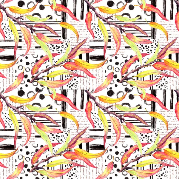 Autumn leaves on geometrical textures. Seamless pattern with hand drawn abstract elements, hand written text. Collage of trendy lines, stripes, circles, notes, watercolor