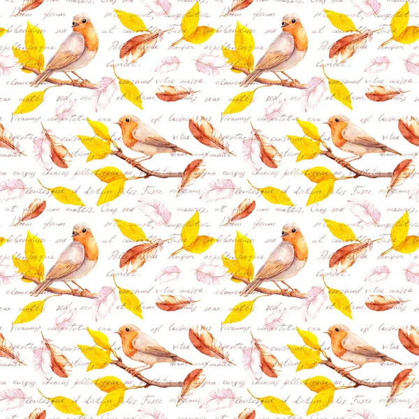 Birds on autumn branch with yellow leaves, falling feathers. Seamless pattern with hand written text - I love you words in different languages. Water color — Stock Photo, Image