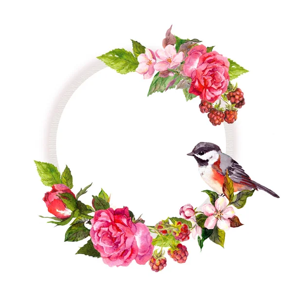 Vintage Blumenkranz für Hochzeitskarte. Blumen, Rosen, Beeren, Vögel. Aquarell-Rundrahmen für Text zum Speichern des Datums — Stockfoto