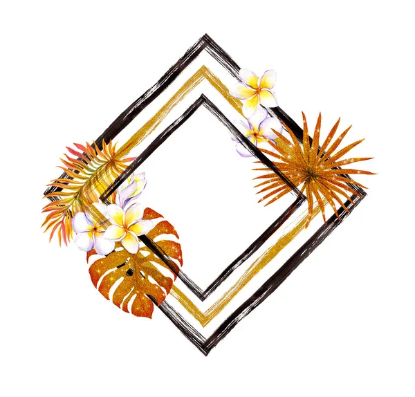 カードは、金の熱帯の葉、エキゾチックなfrangipani花のプルメリアと空白のまま。黒と金色のストライプのジャングルのデザイン。水彩画 — ストック写真