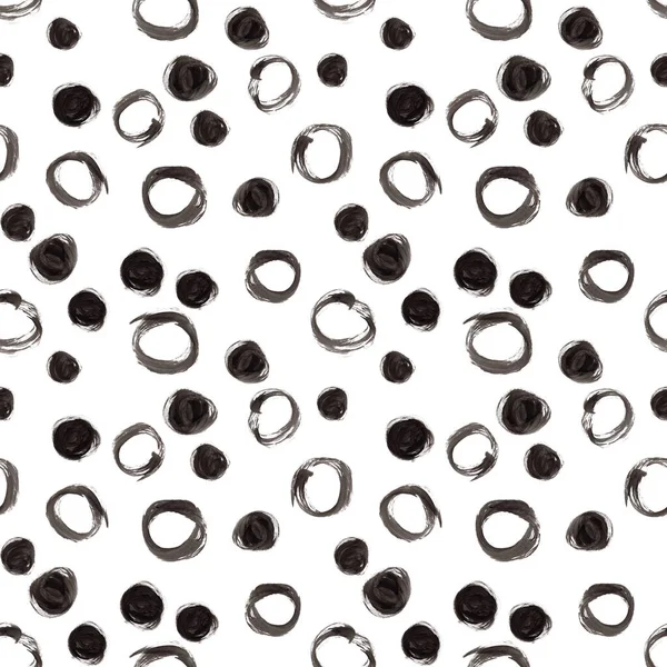 Monochrome seamless background with hand painted black circles and round stains. Watercolor, ink — Stock Photo, Image