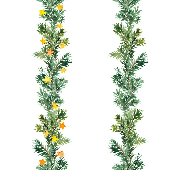Kerstboom takken naadloze grens. dennen, dennentwijgen met sterren. Aquarel herhaald frame met nieuwjaar decoraties — Stockfoto