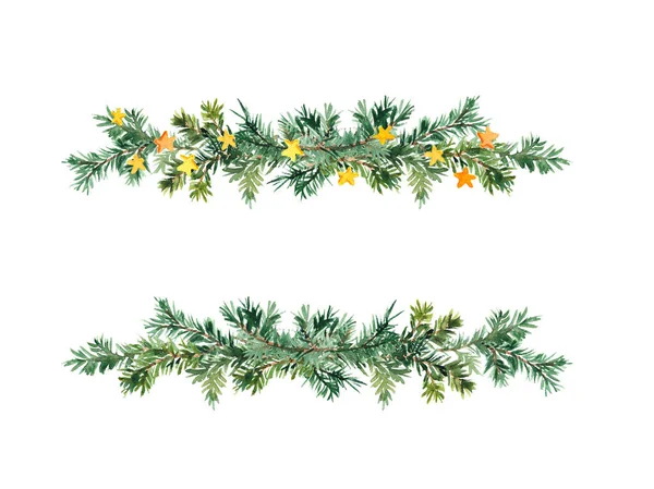 Luc ágak dekoratív határ. Egyszerű karácsonyfaágak, csillagok. Fenyő, fenyő design — Stock Fotó