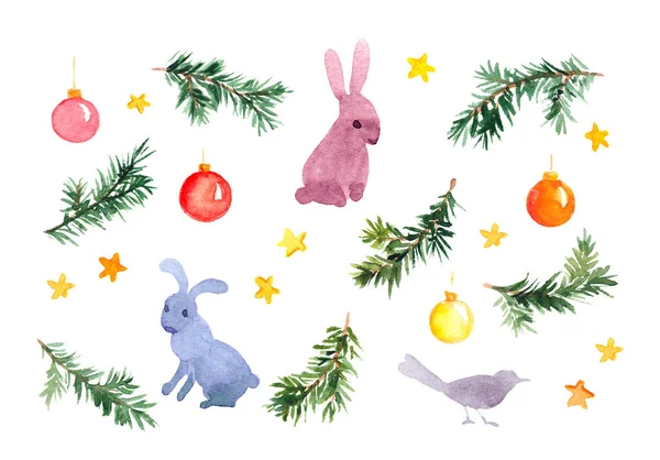 Kerstbundel set - dennentakken, sparren takjes, haas dieren, decoratieve kerstballen. Kinderachtige aquarel clip art voor vakantie xmas design — Stockfoto