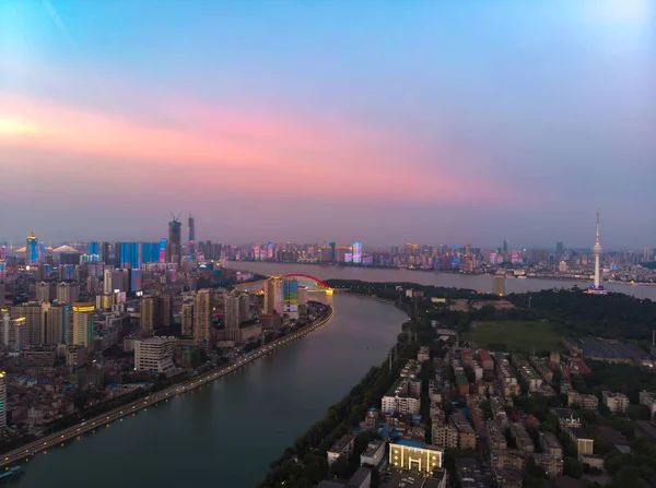 Pôr Sol Cidade Wuhan Cenário Fotografias Aéreas Noturnas Verão — Fotografia de Stock