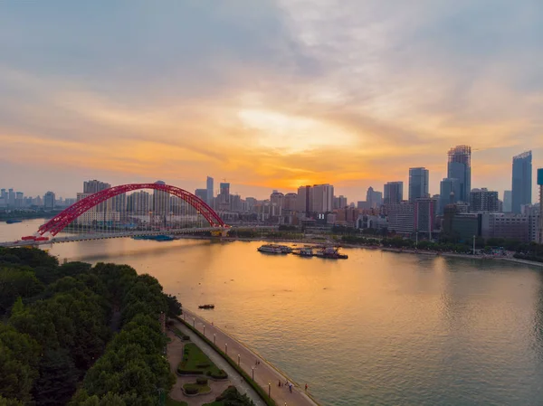 Wuhan City Solnedgång Och Natt Flygfotografering Landskap Sommaren — Stockfoto