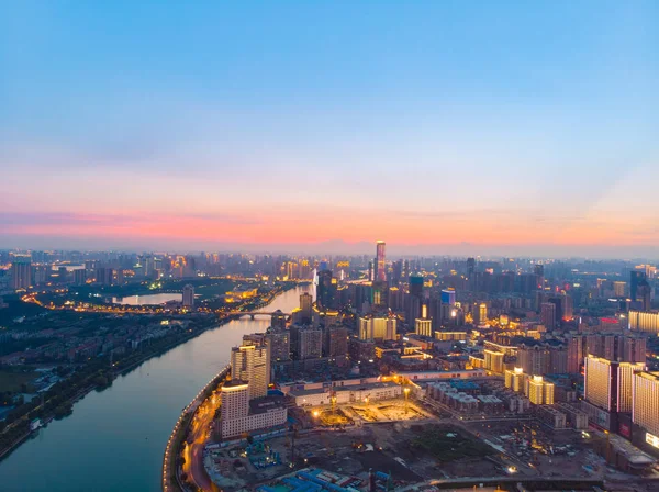 Puesta Sol Ciudad Wuhan Paisaje Fotografía Aérea Nocturna Verano — Foto de Stock