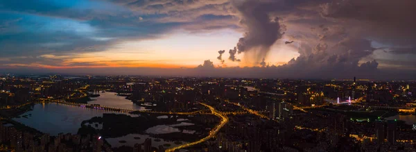 Pôr Sol Cidade Wuhan Cenário Fotografias Aéreas Noturnas Verão — Fotografia de Stock