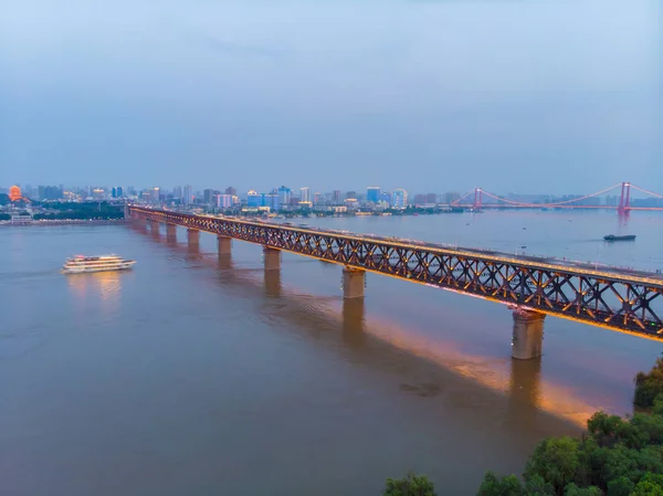 Wuhan Stadt Sonnenuntergang Und Nacht Luftaufnahmen Landschaft Sommer — Stockfoto