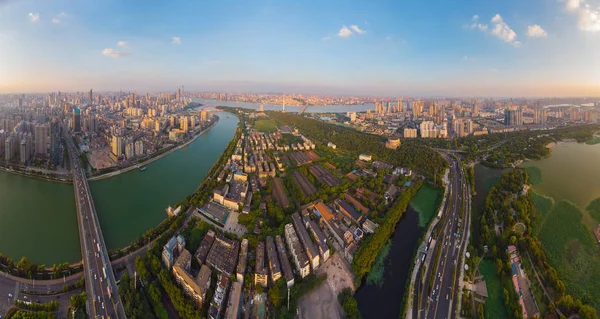 Wuhan City Solnedgång Och Natt Flygfotografering Landskap Sommaren — Stockfoto