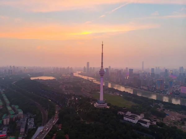 Wuhan City Solnedgång Och Natt Flygfotografering Landskap Sommaren — Stockfoto