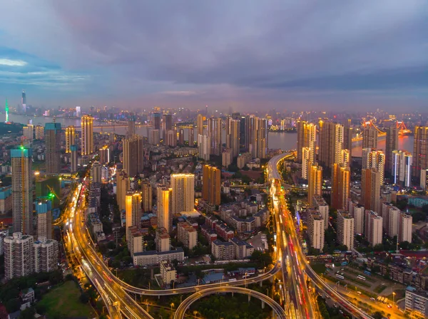 Wuhan city sunset and night aerial photography scenery in summer