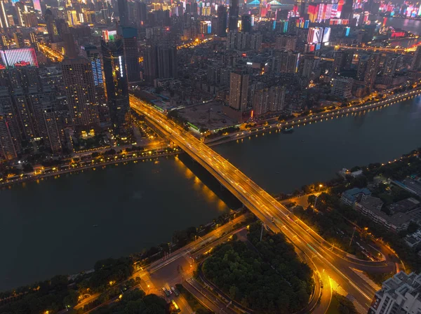 Wuhan city sunset and night aerial photography scenery in summer