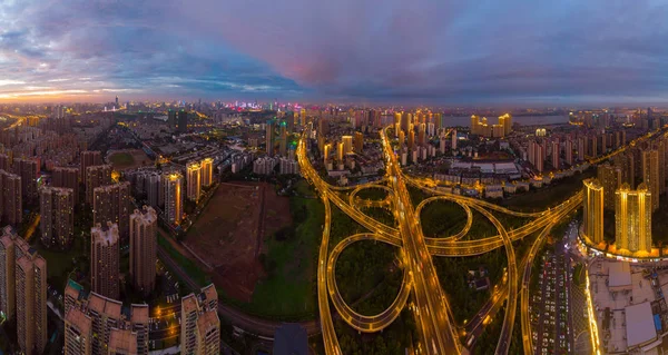 Puesta Sol Ciudad Wuhan Paisaje Fotografía Aérea Nocturna Verano —  Fotos de Stock