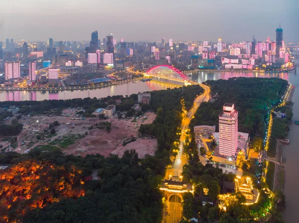 Tramonto Della Città Wuhan Paesaggio Fotografico Aereo Notturno Estate — Foto Stock